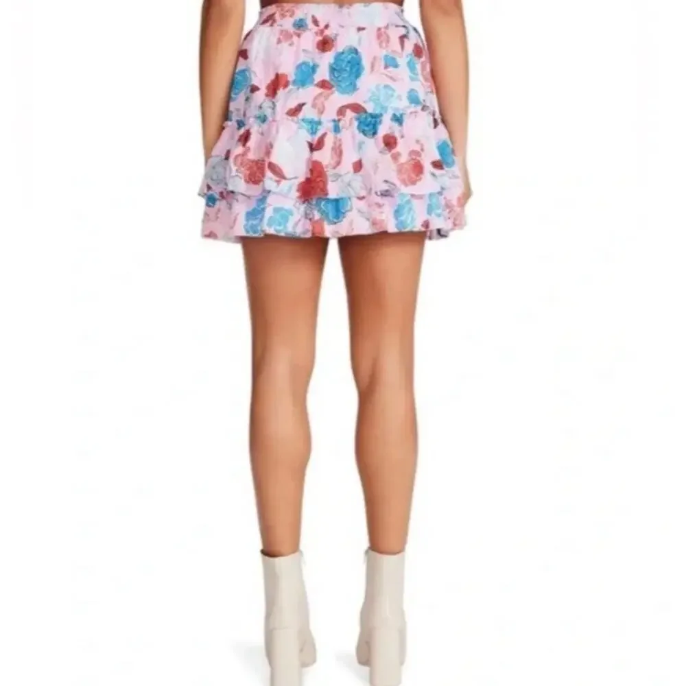 BB Dakota by Steve Madden Pink Floral Print Tiered Ruffle Mini Skirt Sz XS NWT